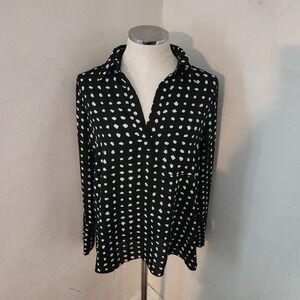 PLEIONE Black White Polka Dot Long Sleeve Collared Button Down Shirt Top S‎